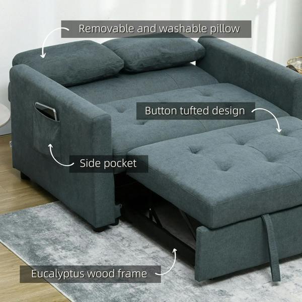 Charcoal grey loveseat sofa bed with button-tufted cushions, side pocket, and removable pillow