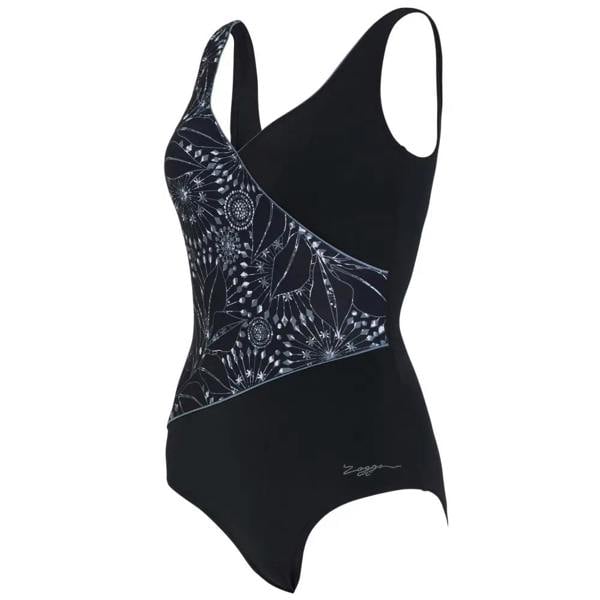 Zoggs Stellar Wrap black one-piece swimsuit with floral pattern
