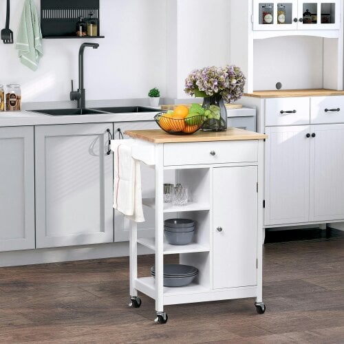 Wyld Haus Yota Wooden White Kitchen Island On Wheels With Wood Top Shelves And Storage Cupboard