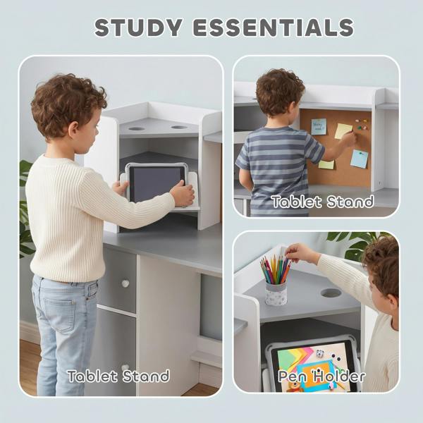 AIYAPLAY Kids Desk and Chair Set w/ Cabinets for Ages 5-12 Years, Grey