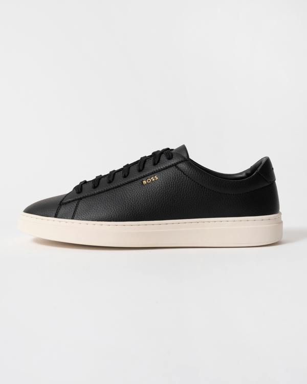 side studio shot of BOSS Orange Kieran Mens Grained-leather trainers with white rubber sole in Black 008