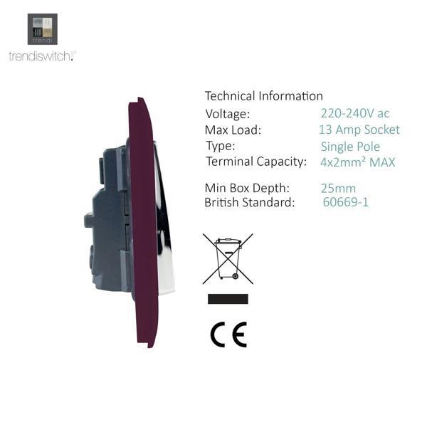 Trendi Switch 2 Gang Long Switched Plug Socket in Plum Purple