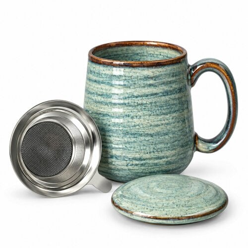Skandi Home Aska Large Sea Green Reactive Glaze Ceramic Infuser Mug with Lid and removable Stainless Steel Infuser