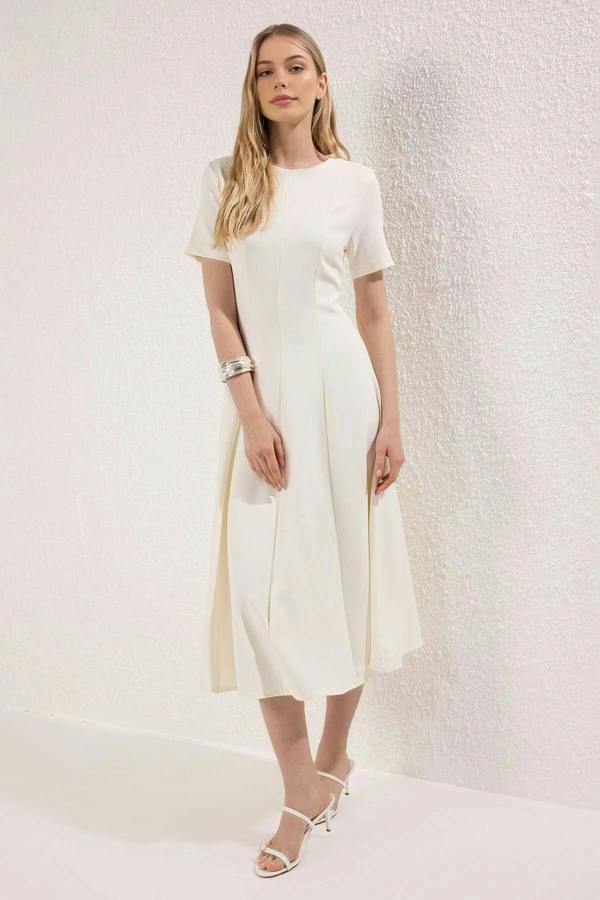 Round Neck Short Sleeve Fit and Flare Midi Dress