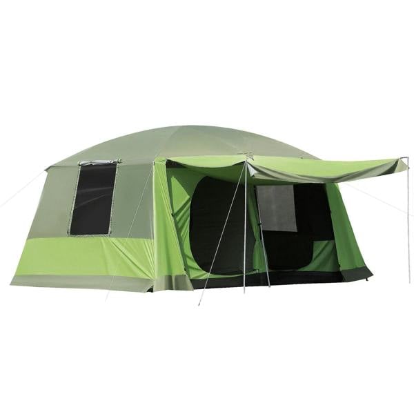 Green two-room tunnel tent with porch and black mesh window panels