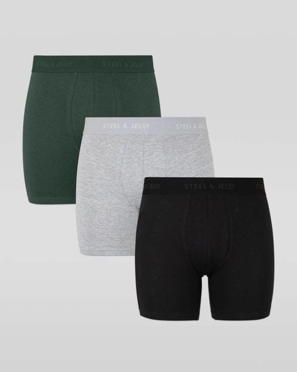 Steel & Jelly Khaki, Grey & Black 3 Pack Boxers