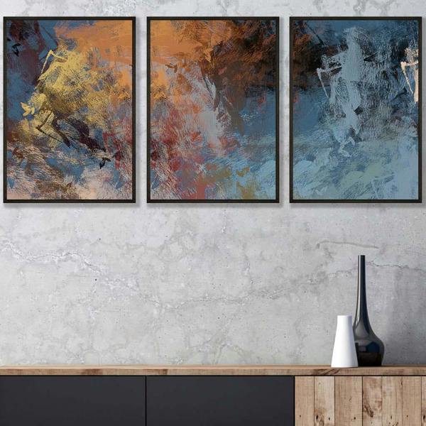 Artze Wall Art Set of 3 Abstract Blue and Orange Framed Wall Art Prints