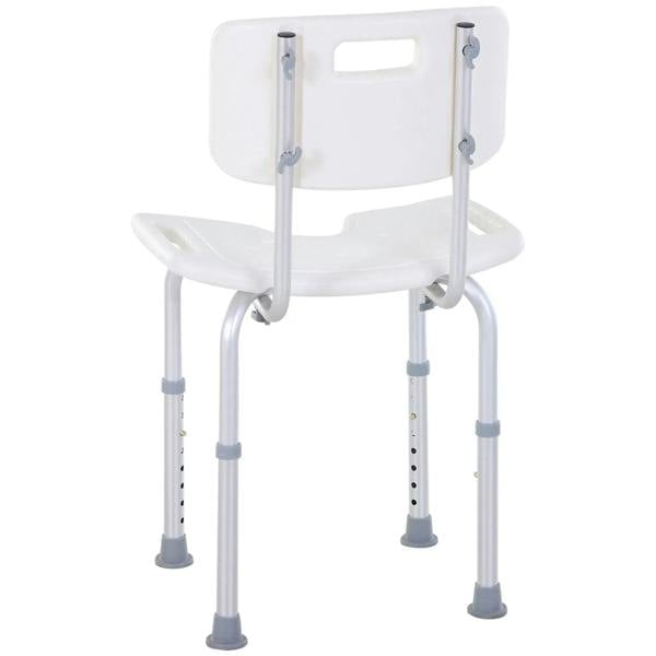 White bath stool chair front view with backrest, contoured seat, and adjustable silver legs