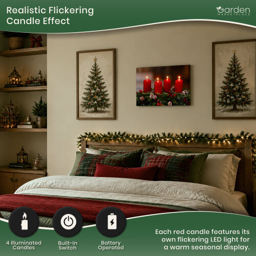 Festive 4 Red Candle LED Christmas Canvas Picture Print, Wooden Frame Wall Art with Switch, 40cm x 30cm, Battery Powered