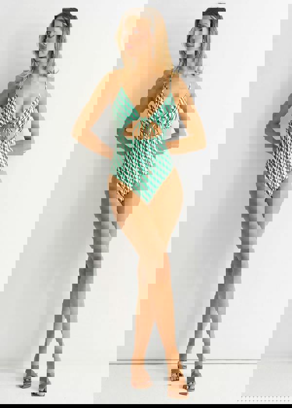 Gini London Green Wave Print Tie Front Swimsuit