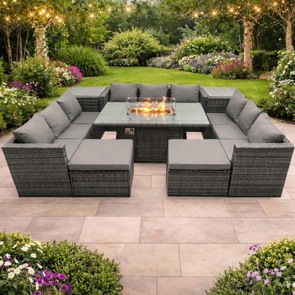 Fimous 10 Seater Rattan Garden Furniture Dining Set with Glass Top Fire Pit Dining Table, 2 Side Tables, 2 Footstools