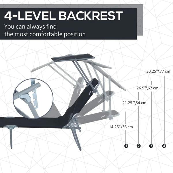 Black 4-level adjustable backrest sun lounger with foldable frame and tilt levers