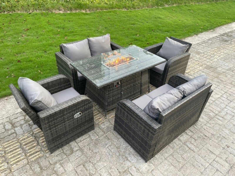 Fimous Rattan Outdoor Furniture Gas Fire Pit Rectangle Dining Table Gas Heater Adjustable Reclining Chairs Love Sofa Sets 6 Seater
