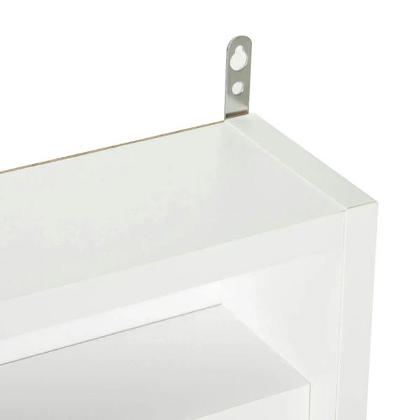 White wall display cabinet top corner bracket and inner ledge detail