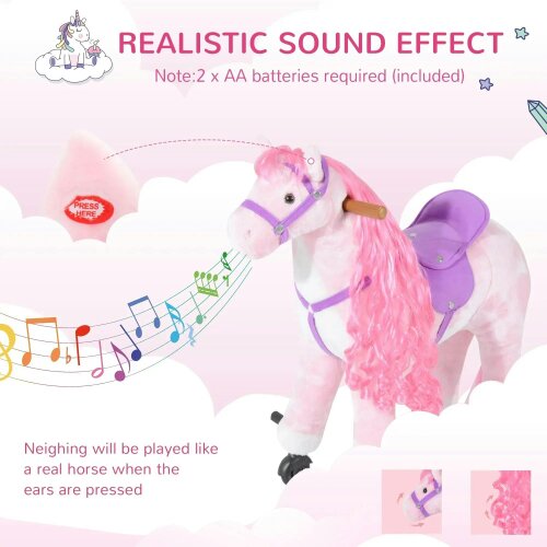 Plush Walking Horse Ride On Toy with Wheels and Realistic Sounds Rocking Horse for Girls Boys 2+ Years Old, 50cm Tall, Pink