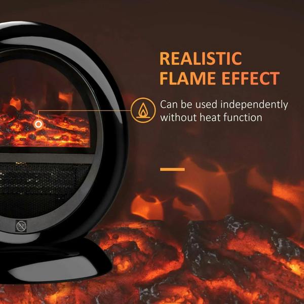 Close-up of black electric fireplace heater showing realistic flame effect through oval glass