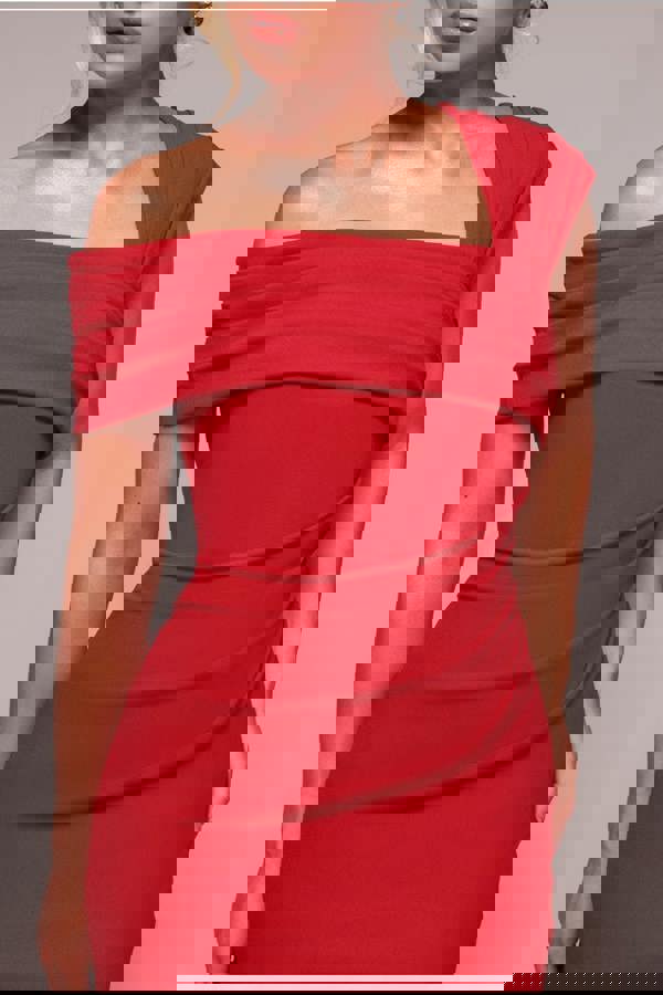 Scuba Crepe Pleated Drop Shoulder Midi Dress - Red DR4490