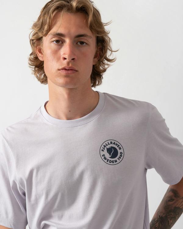 close up shot of a model wearing a Fjallraven 1960 Logo Mens T-Shirt in Lavender Mist 452