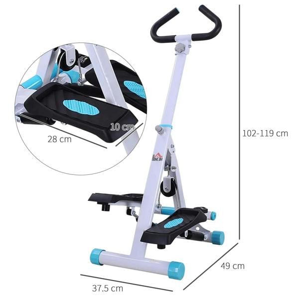 White stepper with handlebar and blue pedals, showing size measurements