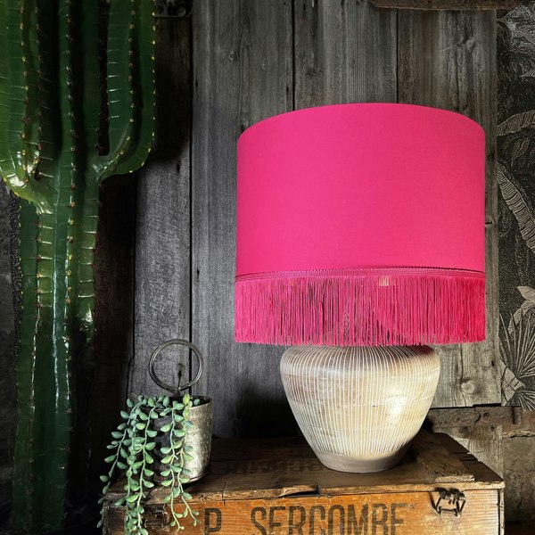 Love Frankie pomegranate cotton lampshade gold lining fringing lamp