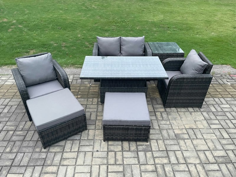 Fimous Rattan Outdoor Furniture Garden Dining Sets Patio Height Adjustable Rising lifting Table Love Sofa Chair Set With Side Tables Stools
