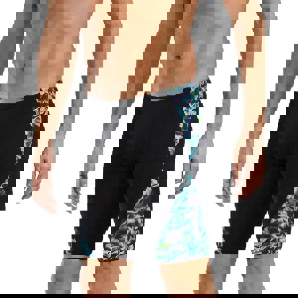 Black and teal TYR Energia Durafast Elite swim trunks with abstract side design