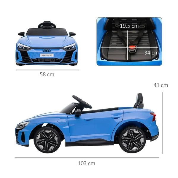 Blue kids electric ride-on car size diagram, side view with seat compartment inset