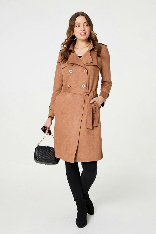 Tan | Faux Suede Button Front Trench Coat

