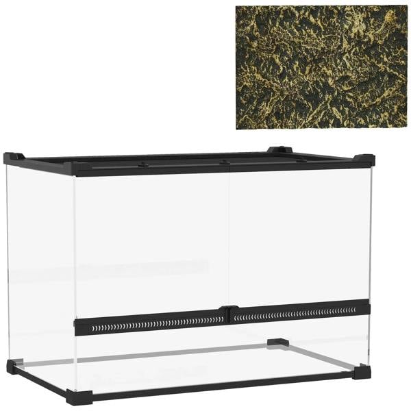 Black reptile glass terrarium with stone background, black frame, front ventilation grille