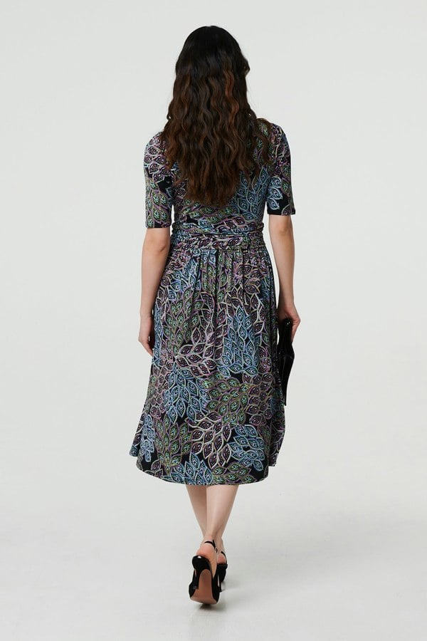 Navy | Leaf Print 1/2 Sleeve Faux Wrap Midi Dress
