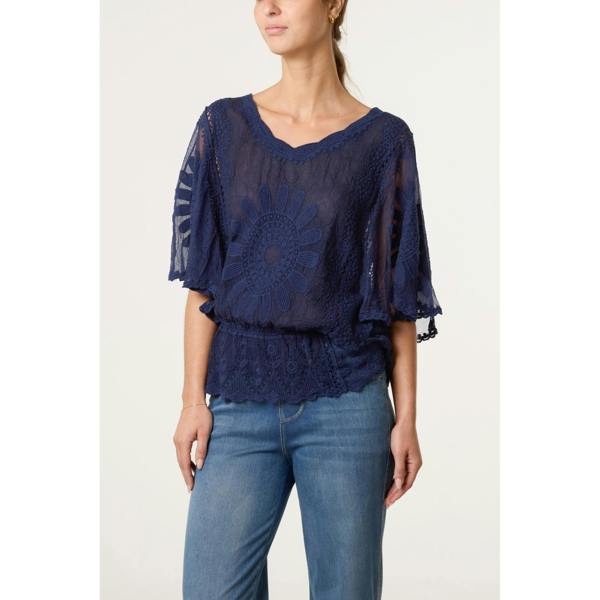 Blue Vanilla Sun Flower Lace Sleeve Blouse