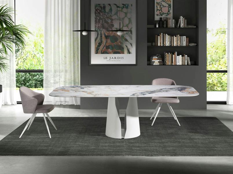 Angel Cerdá Oval Barrel porcelain marble and white steel dining table 1135