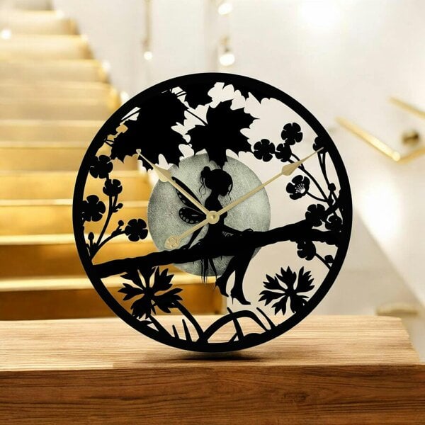 EDH Door Hardware Fairy in Forest Silhouette Wall Clock – Large Metal Decorative Indoor & Outdoor Clock for Garden, Living Room and Patio