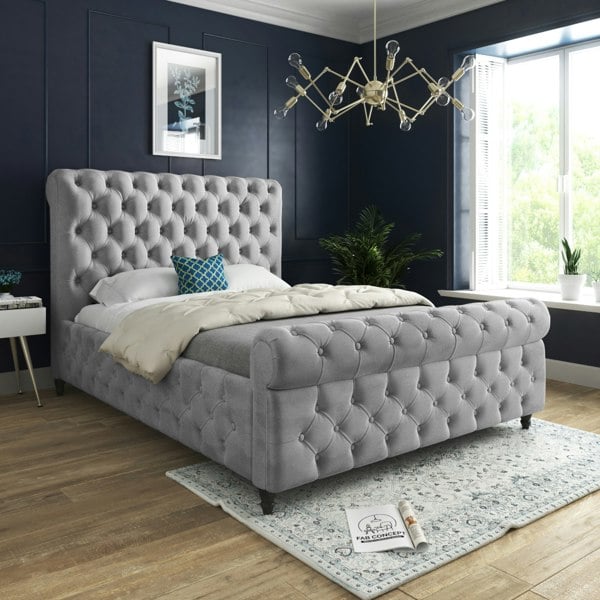 Casa Magna Savana Sleigh Upholstered Soft Velvet Bed Frame - Grey