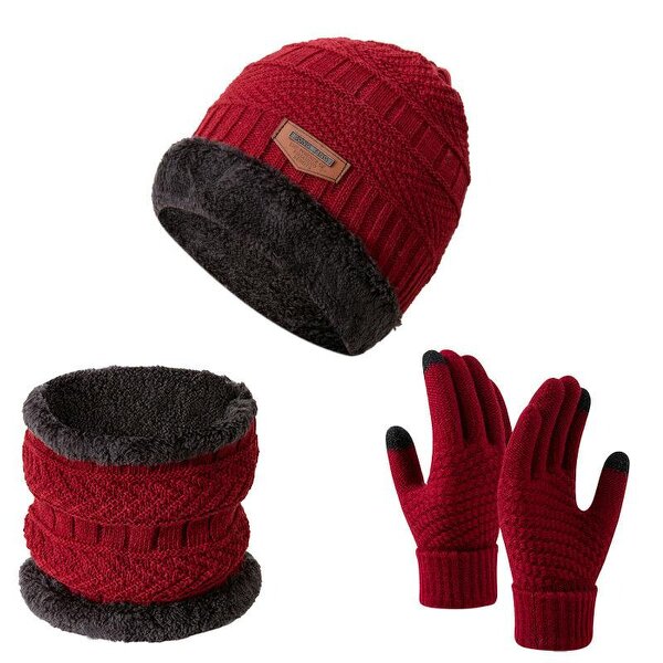 Obasyhig Fleece-Lined Knitted Winter 3-Piece Set - Red - Style 2