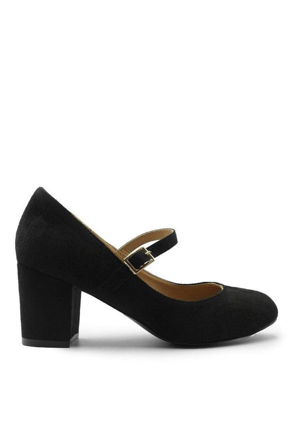 Where's That From Araceli Wide Fit Block Heel Mary Jane Pumps in Black Suede