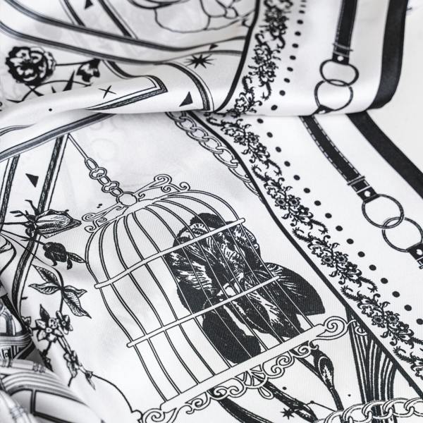 Monochrome Nautical Twill Silk Scarf – Printed Mulberry Silk, Hand-Rolled Hem