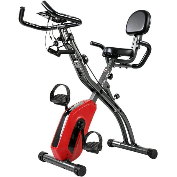 4-In-1 Folding Exercise Bike with Resistance Bands, Bluetooth App, 8-Level Magnetic Resistance, LCD Display, Red