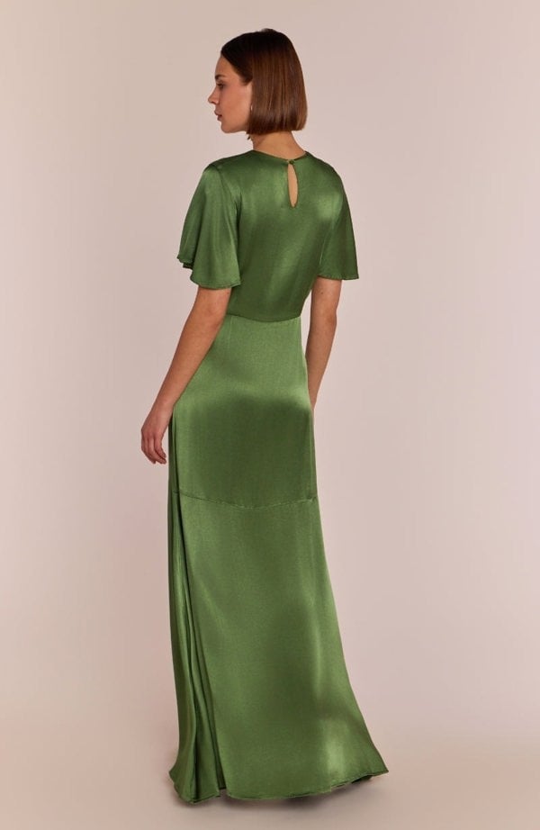 Rewritten London Sienna Dress in Olive Viscose Satin