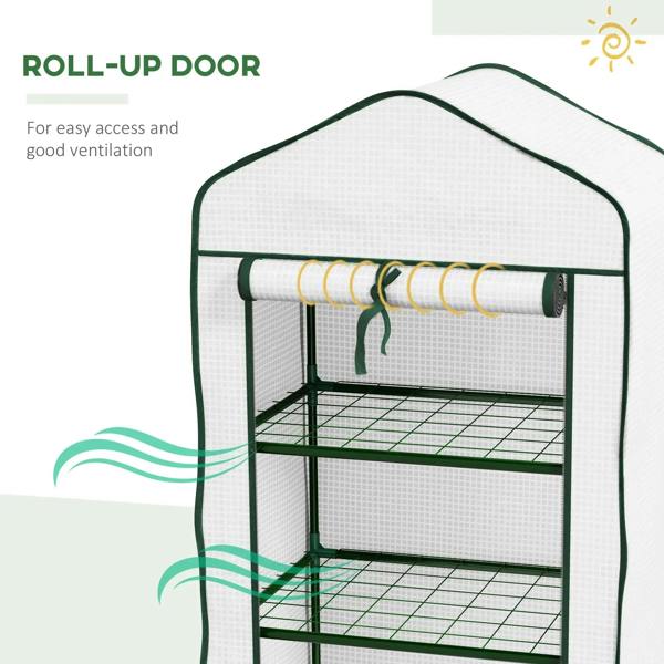 White mini greenhouse with roll-up door rolled at the top and three wire shelves