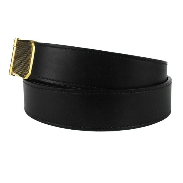 Dunhill black leather belt An antique brass tone buckle in an engraved engine turn pattern