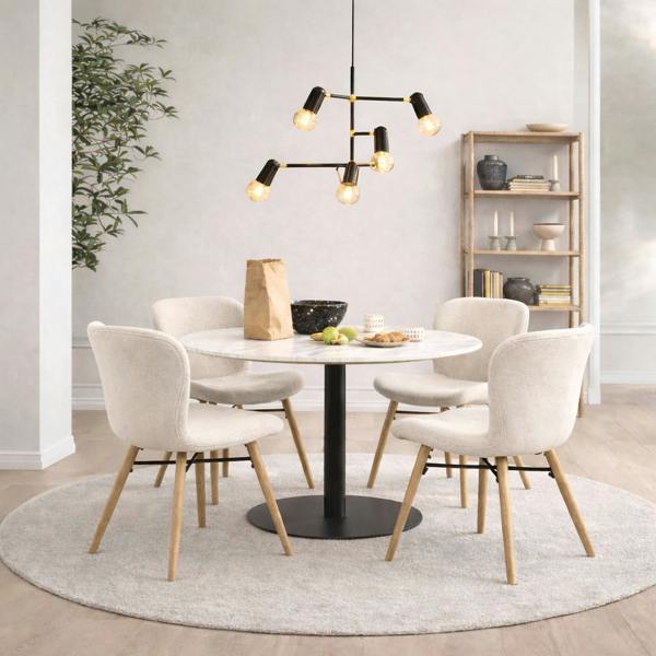 Furniture To Go Corby Round Dining Table with White Polished Marble Top & Black Base includes 4 Batilda Dining Chairs in Cream/Oak