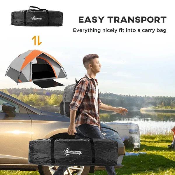 Two-person dome tent in black carry bag, orange-and-grey tent body shown