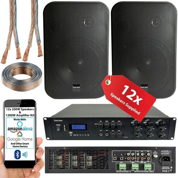 1200W Bluetooth Sound System 12x 200W Black Wall Speaker 6 Zone Matrix Amplifier