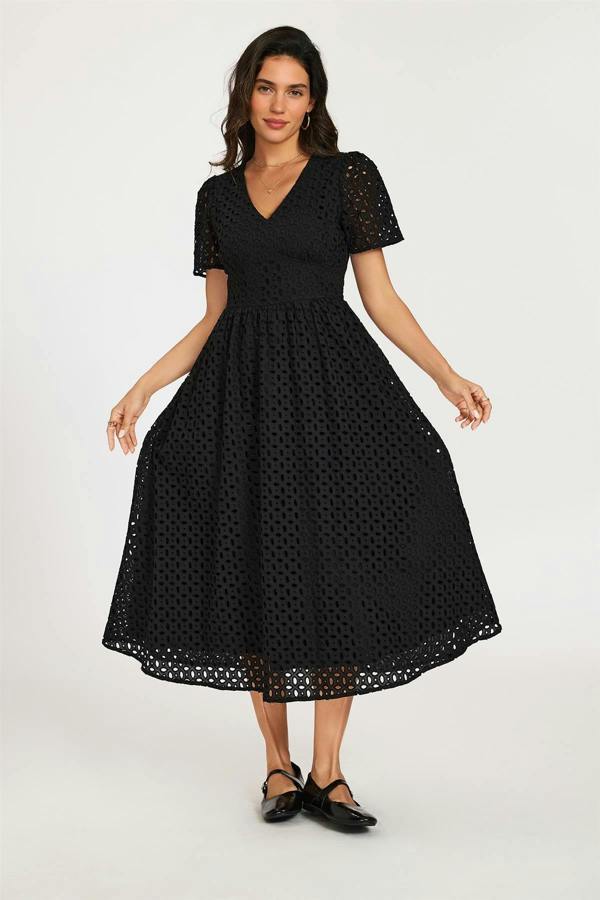 FS Collection Broderie Anglaise Midi Dress In Black