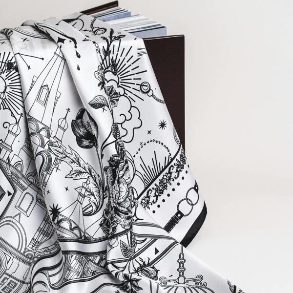 Monochrome Nautical Twill Silk Scarf – Printed Mulberry Silk, Hand-Rolled Hem