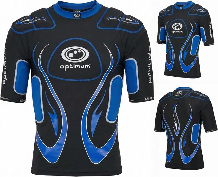 Optimum Inferno Rugby Shoulder Pads Top in Black/Blue, World Rugby approved 12-pad EVA protective top - Optimum