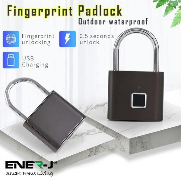 ENER-J Smart Fingerprint Padlock, USB Rechargeable Biometric Lock, 10 User Access, 9,000 Unlocks, Gym, Lockers, Bikes & Travel, Black
