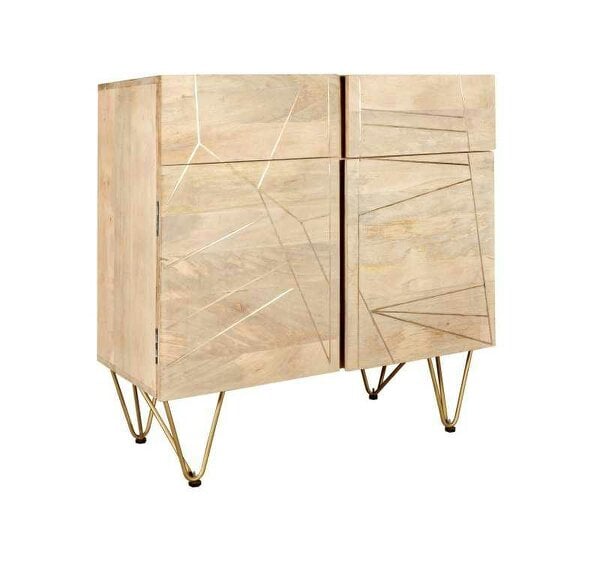 Wyld Haus Bali Light Natural Mango Wood and Gold Sideboard 2 Drawers 2 Doors 2 Shelves