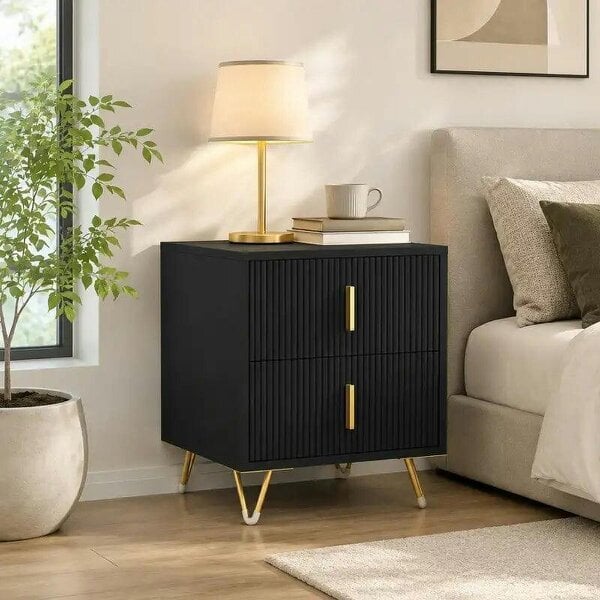 Elegant Fluted Bedside Table - Black/Gold-Tone - Black